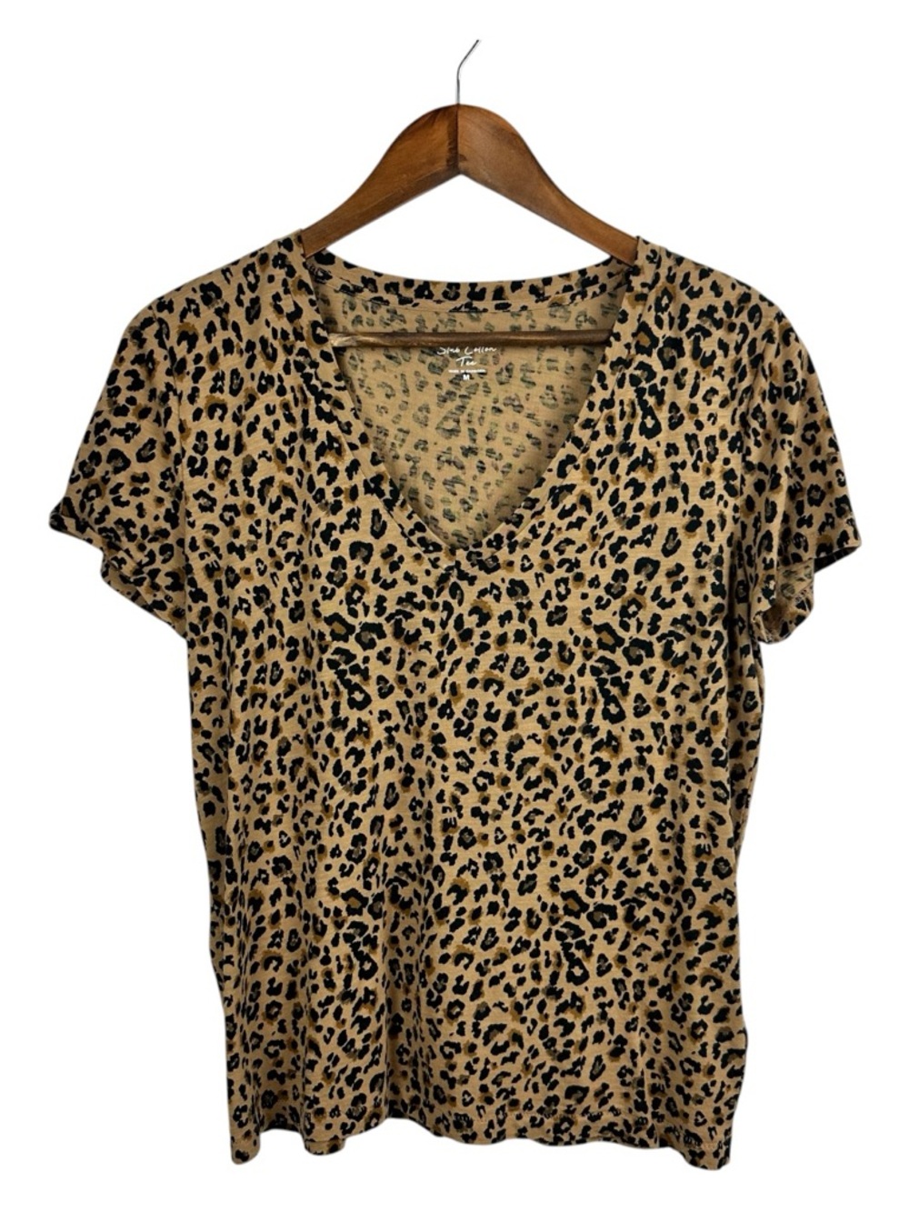 J CREW Women Slub Cotton Tee V Neck T-Shirt Leopard Animal Print Size M